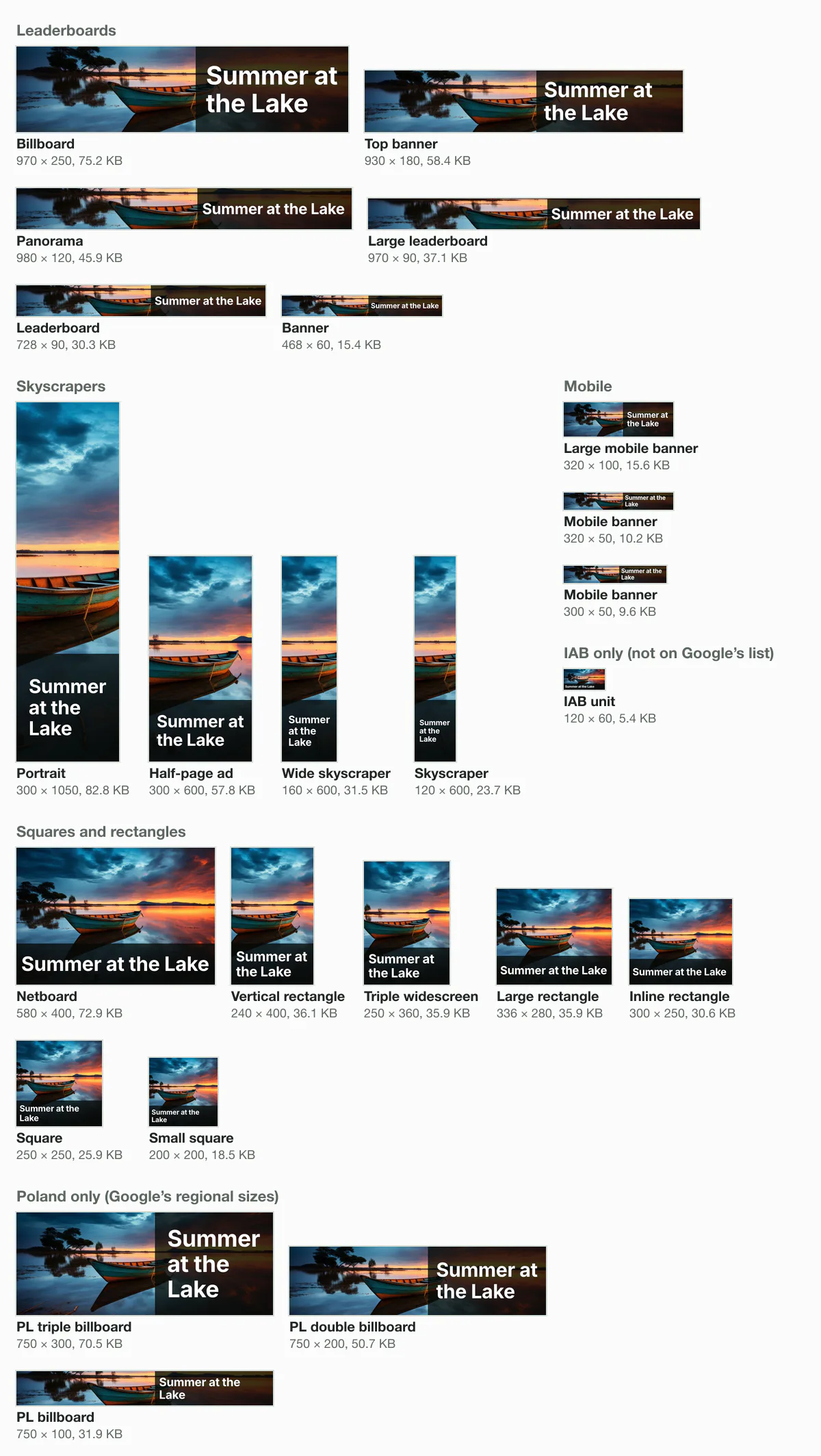 All 24 of our banner exports at half their pixels, grouped as Google groups them, each a JPG from Blinkimg's engine under its cap: the 300 × 1050 portrait at 82.8 KB, the 970 × 250 billboard at 75.2 KB, 300 × 250 at 30.6 KB, down to 120 × 60 at 5.4 KB.