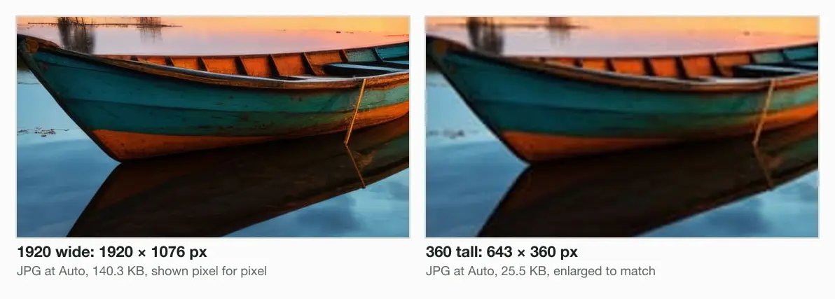 The boat from our photo two ways: a 1920 × 1076 JPG of 140.3 KB shown pixel for pixel, with sharp planks and rope, beside a 643 × 360 JPG of 25.5 KB enlarged to the same size, soft.