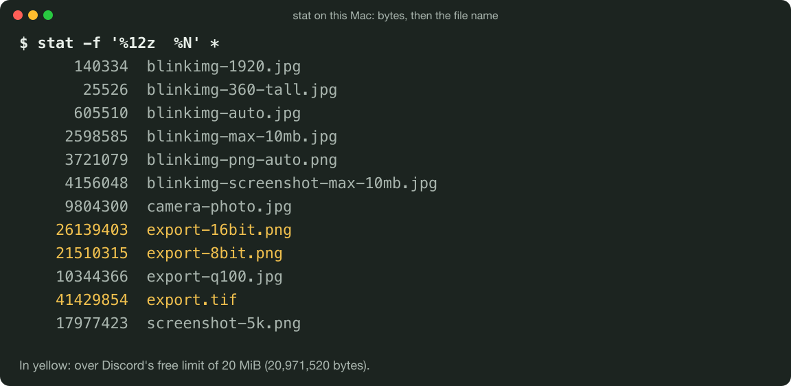 The stat command on a Mac listing 12 files in bytes: the camera JPG 9,804,300, the 5K screenshot 17,977,423, and in yellow as over 20 MiB the 8-bit PNG 21,510,315, the 16-bit PNG 26,139,403 and the TIFF 41,429,854.
