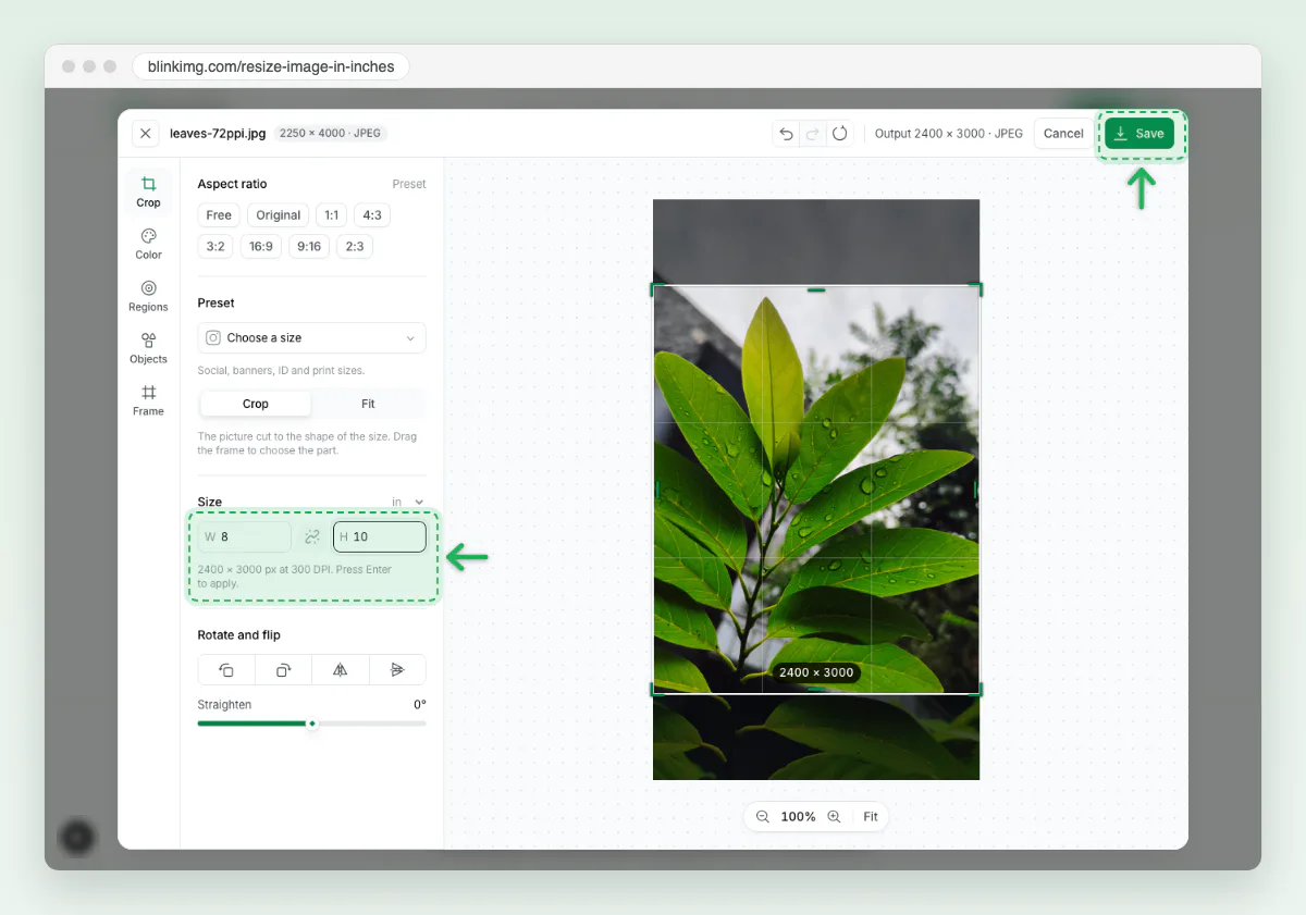 Screenshot of Blinkimg’s editor with W 8 and H 10 inches marked, the line 2400 × 3000 px at 300 DPI, and the green Save button marked.