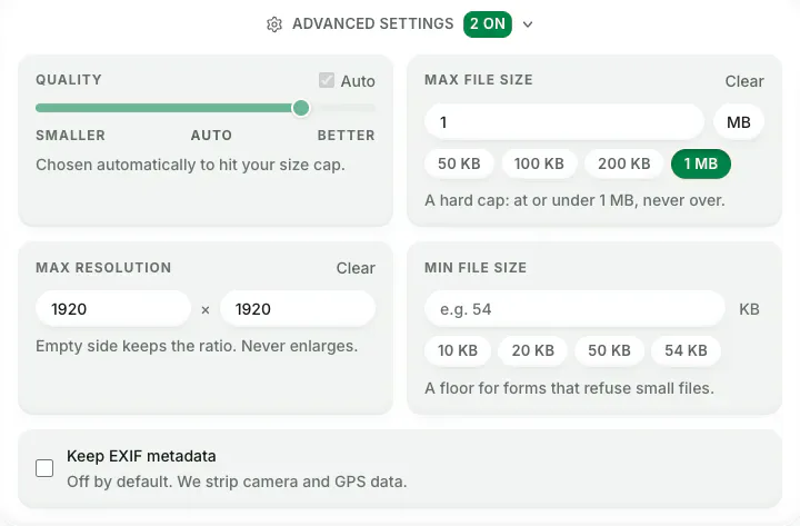 Screenshot of Blinkimg’s Advanced settings: Max resolution set to 1920 × 1920, Quality on Auto, Keep EXIF metadata off.