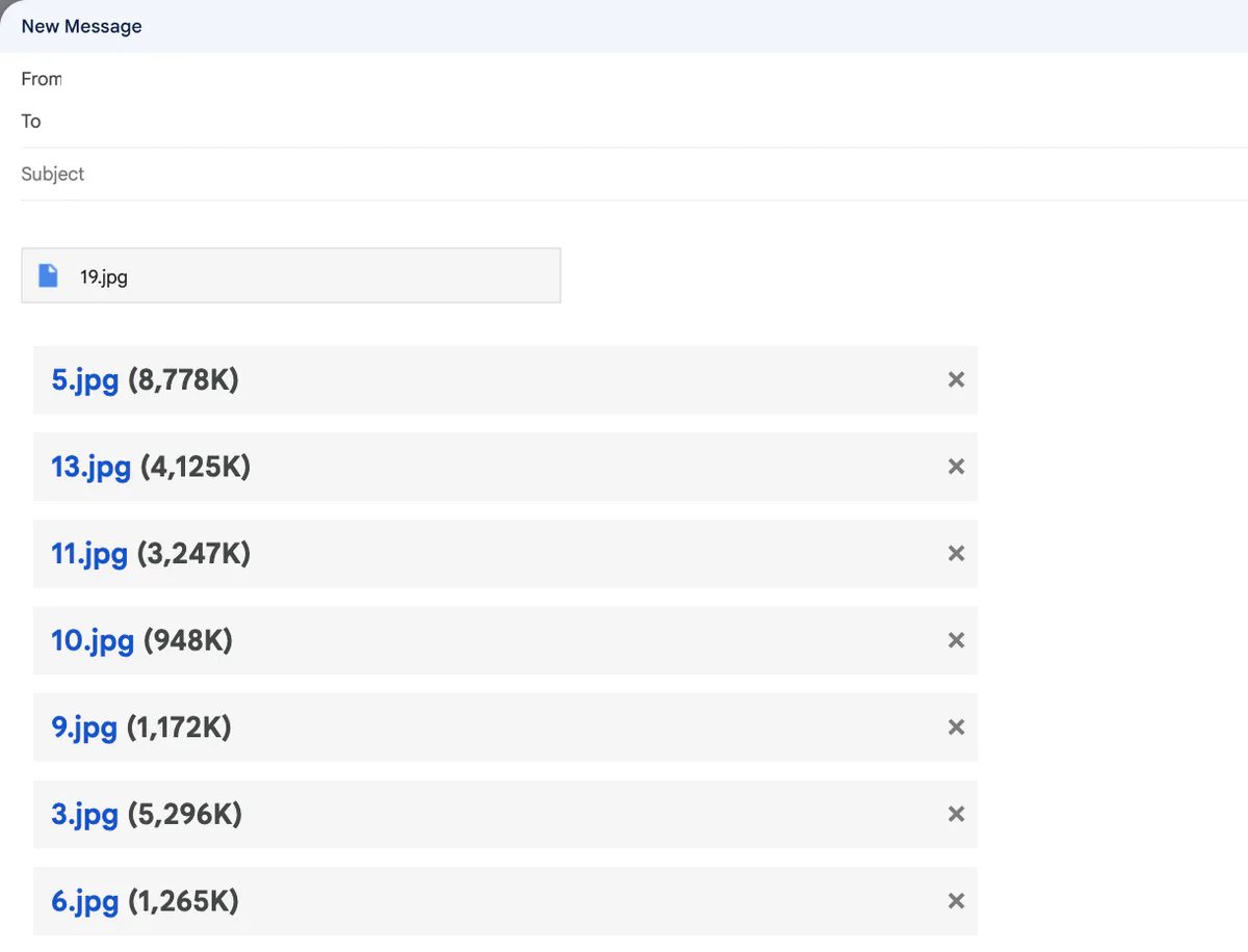 Screenshot of the Gmail draft at the end of the test: 19.jpg at the top as a Google Drive link, and seven photos below it as regular attachments with Gmail's own size labels, from 5.jpg at 8,778K to 6.jpg at 1,265K.