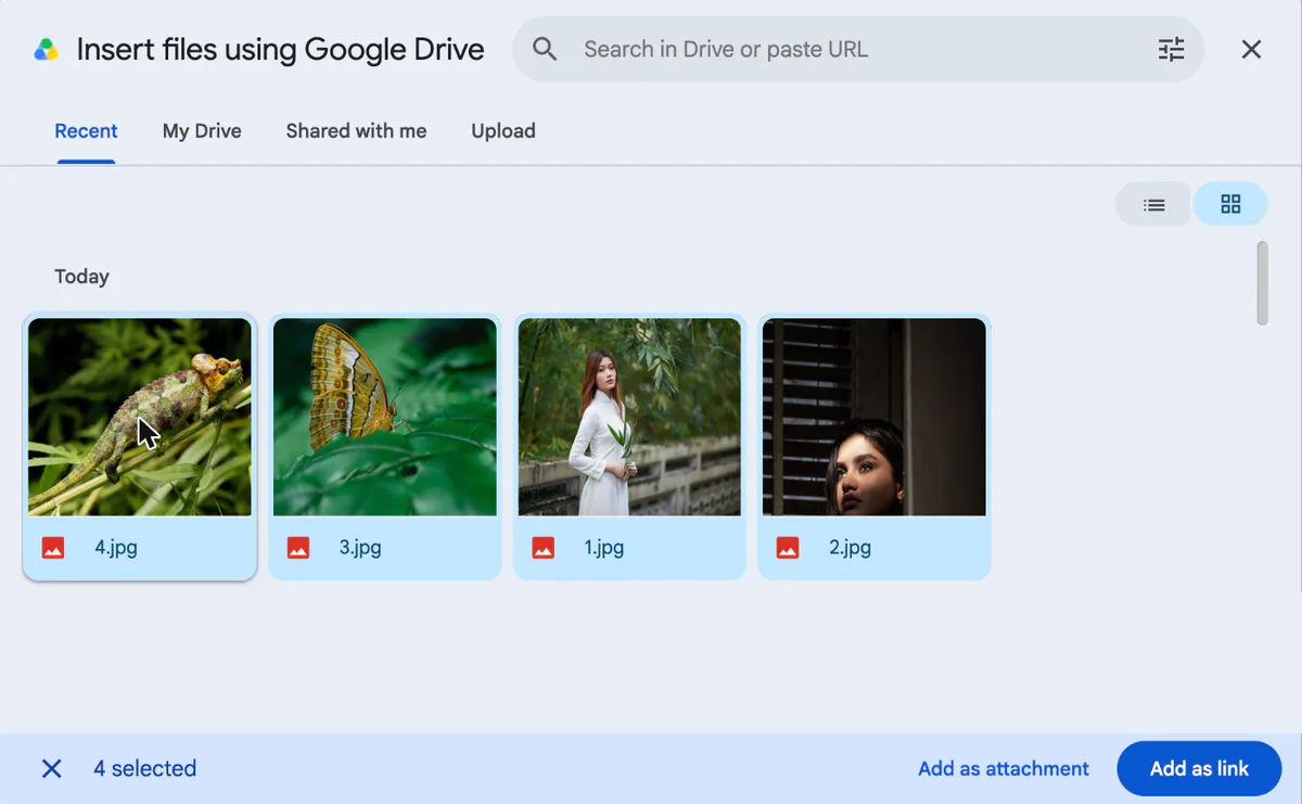 Screenshot of Gmail’s Insert files using Google Drive window with our four test photos selected, 1.jpg to 4.jpg, and the buttons Add as attachment and Add as link at the bottom right.