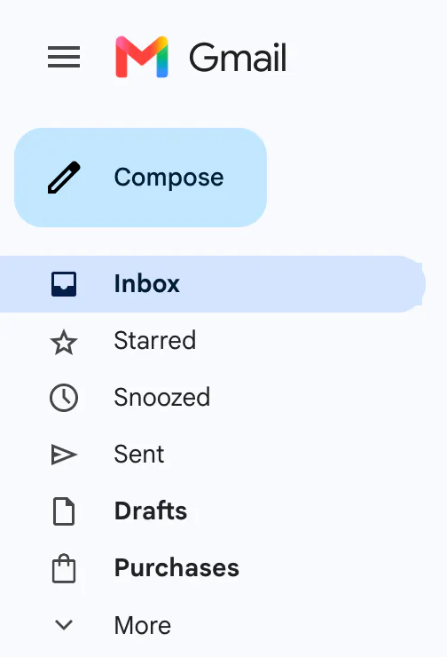 Screenshot of Gmail on a computer: the Compose button at the top left above Inbox, Starred, Snoozed, Sent, Drafts and Purchases.