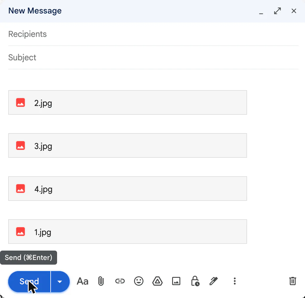 Screenshot of a Gmail New Message window with our four test photos inserted as Drive links, 1.jpg to 4.jpg, and the pointer on Send showing Send (⌘Enter).
