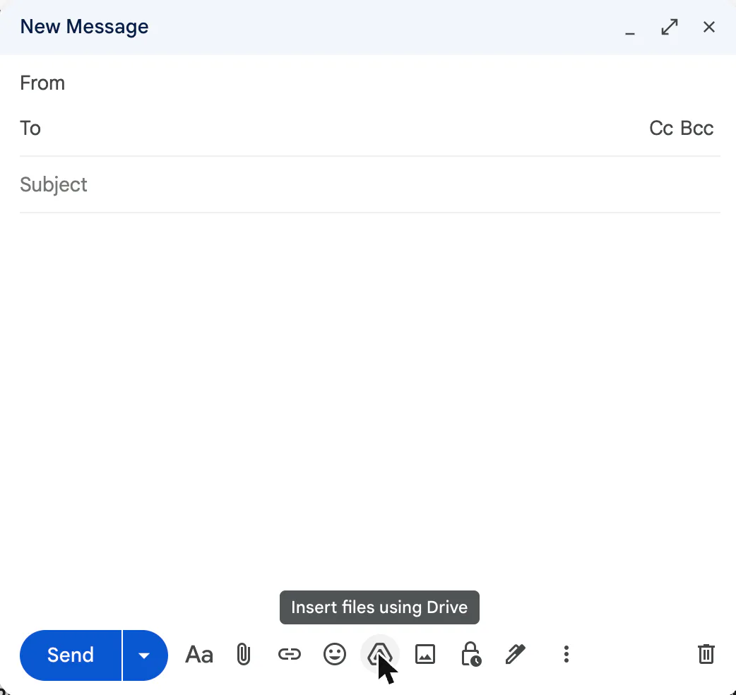 Screenshot of a Gmail New Message window with the pointer on the Drive button at the bottom and its tooltip reading Insert files using Drive.