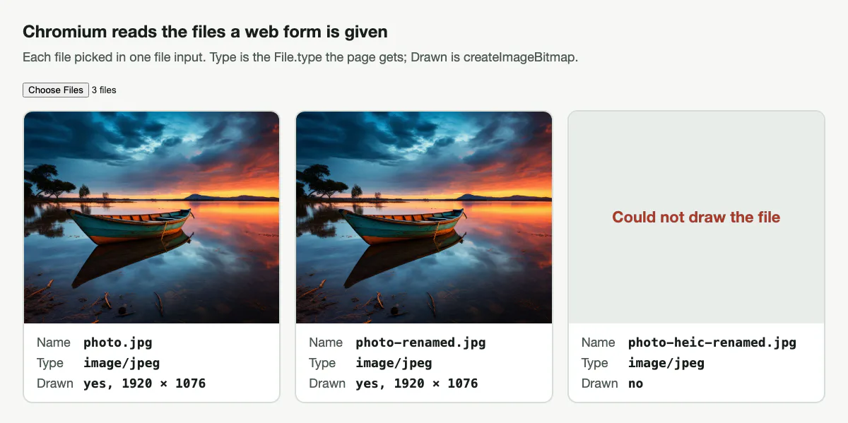 Chromium 149 after three files were picked in a web form: photo.jpg and photo-renamed.jpg both report type image/jpeg and draw at 1920 × 1076; photo-heic-renamed.jpg also reports image/jpeg but could not be drawn.