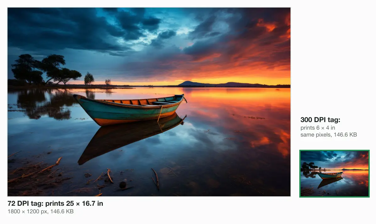 One 1800 × 1200 JPG drawn at the print size its DPI tag gives, to one scale: 25 × 16.7 inches at 72 DPI and 6 × 4 inches at 300 DPI, both 146.6 KB.