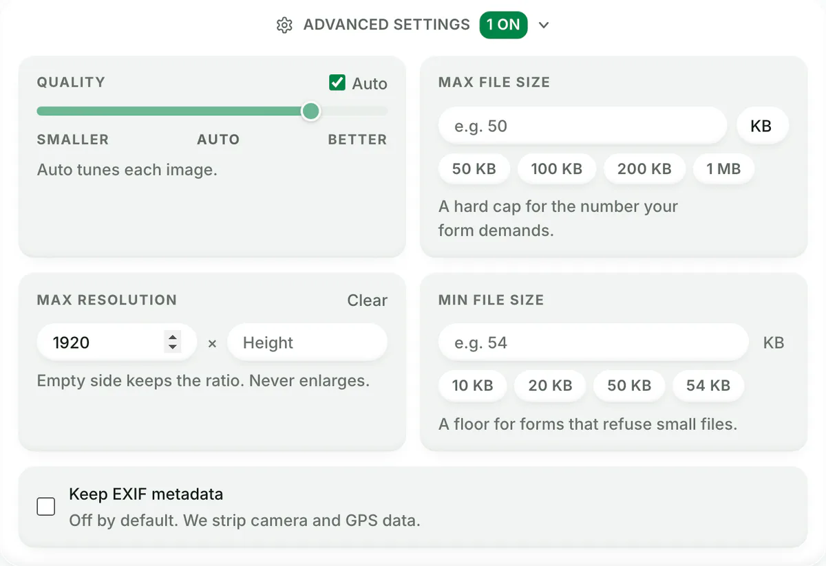 Screenshot of Blinkimg’s Advanced settings: Quality on Auto, Max resolution width 1920 with the height empty, the note Empty side keeps the ratio. Never enlarges, plus Max file size and Min file size.