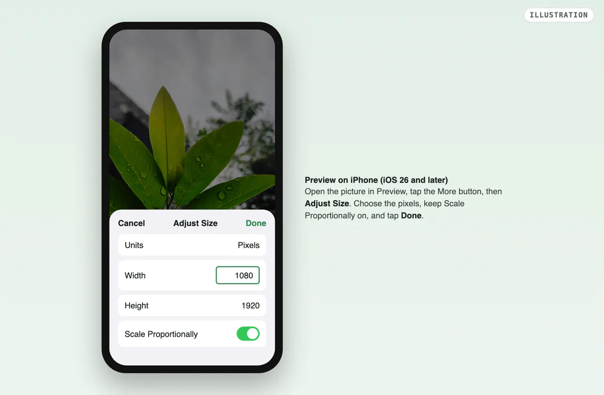 An illustration of Preview on an iPhone with the leaf photo and the Adjust Size sheet: Units Pixels, Width 1080, Height 1920, Scale Proportionally on, and Done.