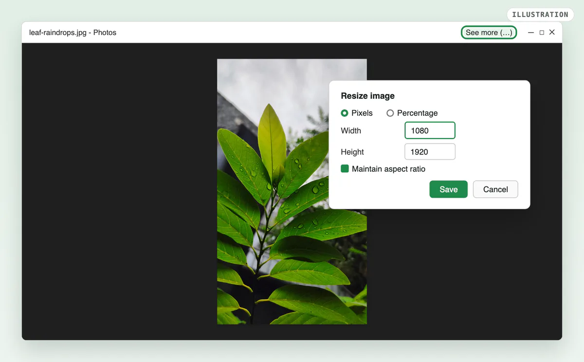 An illustration of the Windows Photos app with the leaf photo open and a Resize image dialog: Pixels selected, Width 1080, Height 1920, Maintain aspect ratio on, and Save.