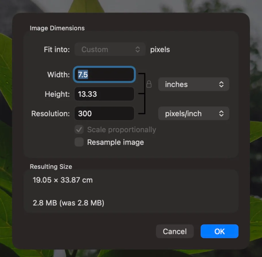 Screenshot of Preview’s Adjust Size with Resample image unticked: Width 7.5 and Height 13.33 inches at 300 pixels per inch, Resulting Size 2.8 MB (was 2.8 MB).