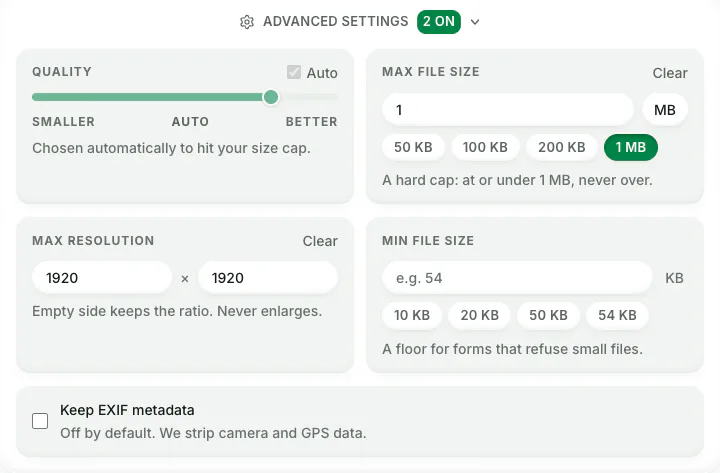 Screenshot of Blinkimg’s Advanced settings on the 1 MB compressor: Max resolution set to 1920 × 1920, Max file size 1 MB, Quality on Auto and Keep EXIF metadata off.