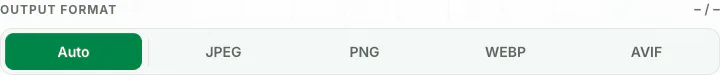 Screenshot of Blinkimg’s Output format bar with Auto selected, beside JPEG, PNG, WEBP and AVIF.