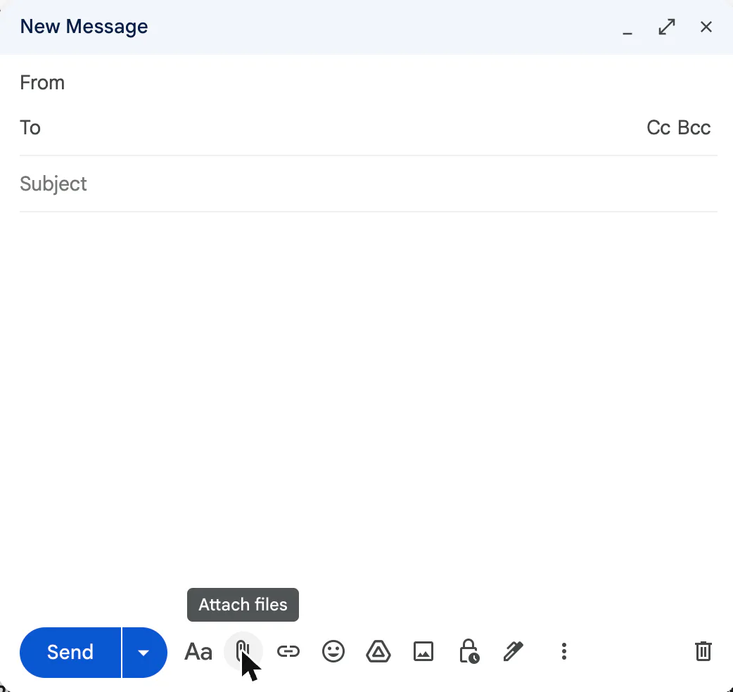 Screenshot of a Gmail New Message window with the pointer on the paper-clip button at the bottom and its tooltip reading Attach files.