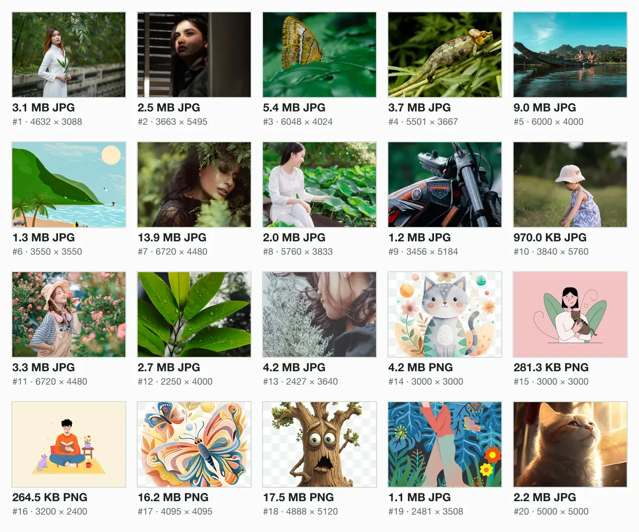 Twenty thumbnails with their size on disk: thirteen camera photos from 970.0 KB to 13.9 MB, five PNG illustrations up to 17.5 MB, an A4 illustration and a square photo.
