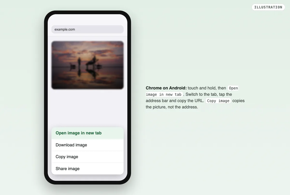 An illustration of Chrome on Android with the touch-and-hold menu: Open image in new tab highlighted above Download image, Copy image and Share image.