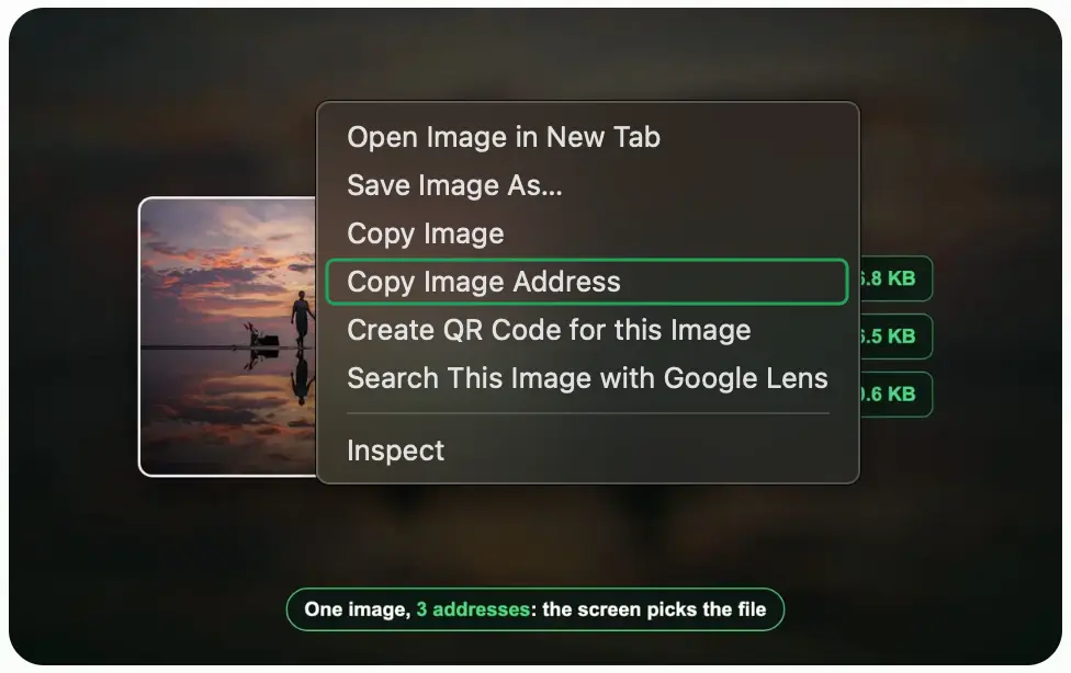 A screenshot of Chrome on a Mac: the right-click menu on a sunset photo, with Copy Image Address outlined under Copy Image.