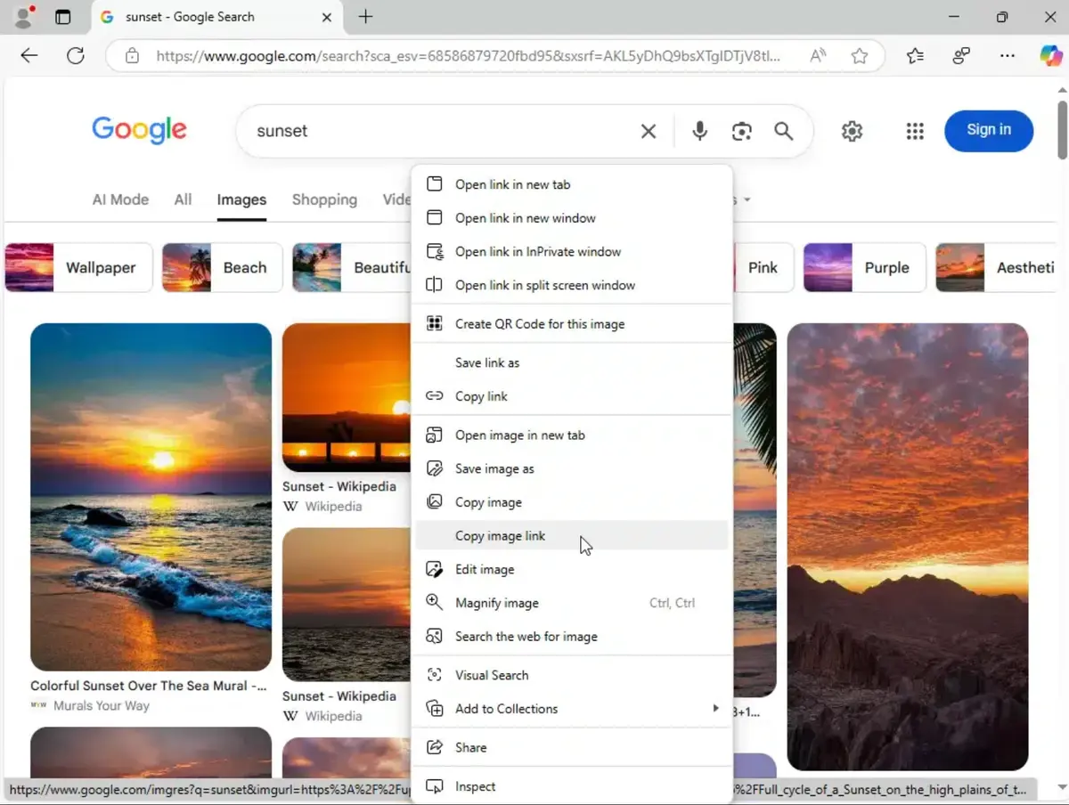 A screenshot of Edge on Windows: the right-click menu on a Google Images result, with Copy image link under the pointer below Copy image.