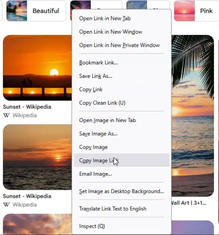 A screenshot of Firefox on Windows: the right-click menu on a Google Images result, with Copy Image Link under the pointer.
