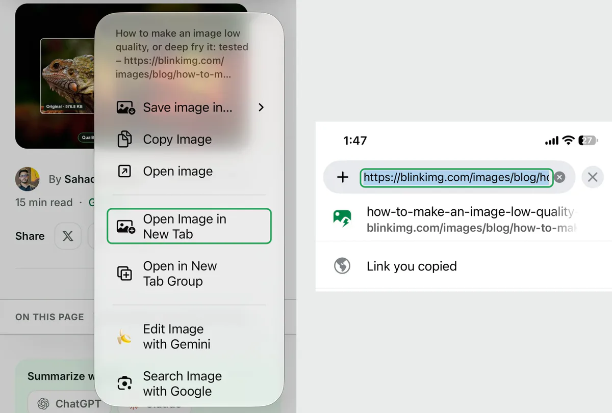 Two screenshots of Chrome on iPhone: the touch-and-hold menu with Open Image in New Tab outlined, then the new tab with the image URL selected in the address bar.