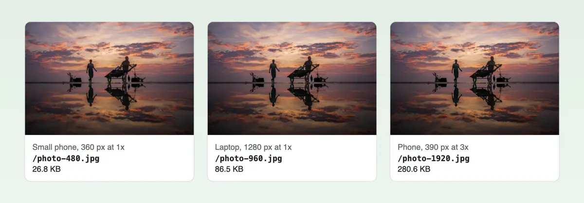 A screenshot of the same test photo captured in Chromium at three screen sizes, labelled photo-480.jpg 26.8 KB, photo-960.jpg 86.5 KB and photo-1920.jpg 280.6 KB.