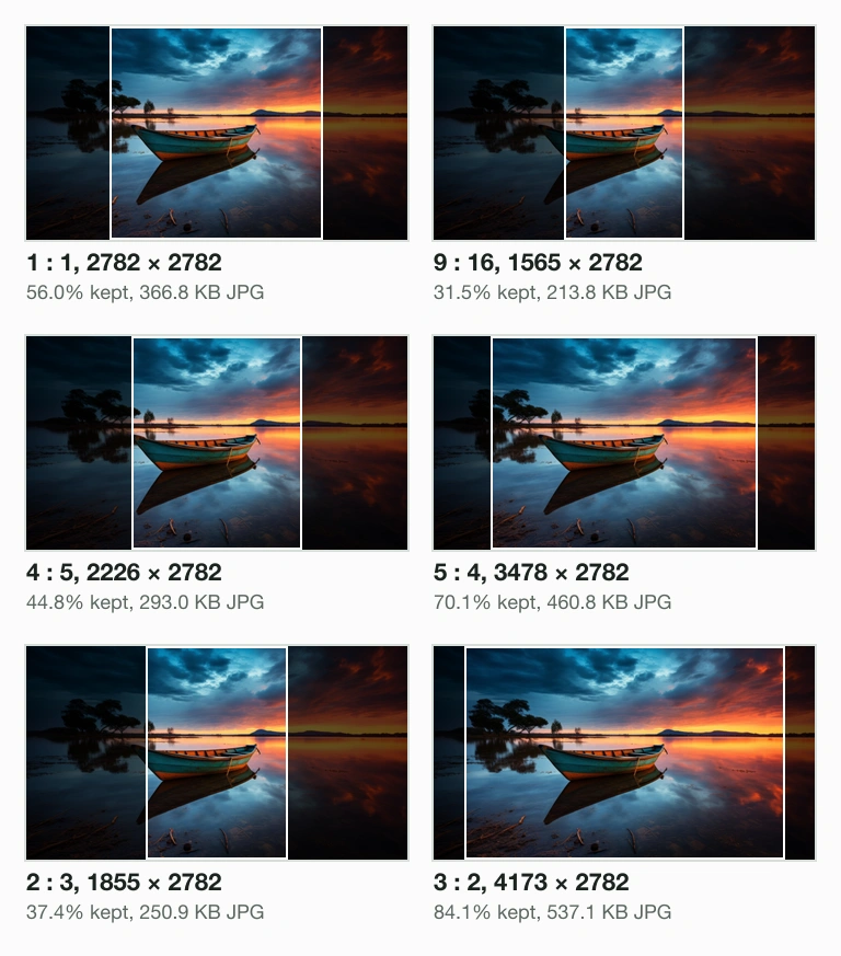 Our lake photo with 6 crops drawn on it, the rest darkened: 1 : 1 keeps 56.0%, 9 : 16 keeps 31.5%, 4 : 5 keeps 44.8%, 5 : 4 keeps 70.1%, 2 : 3 keeps 37.4% and 3 : 2 keeps 84.1%.