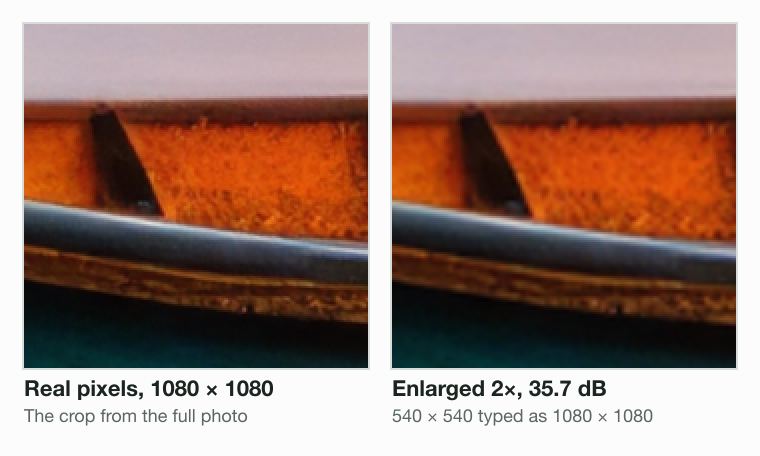 A detail of the boat's bow, drawn 2 times larger: on the left the 1080 × 1080 crop from the full photo, on the right a 540 × 540 crop enlarged 2× to 1080 × 1080, softer, scoring 35.7 dB PSNR against the real pixels.