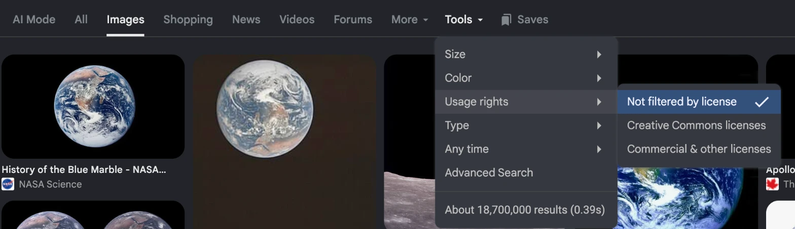 A screenshot of Google Images with Tools open: the Usage rights item expanded to three choices, Not filtered by license (ticked), Creative Commons licenses, and Commercial & other licenses.