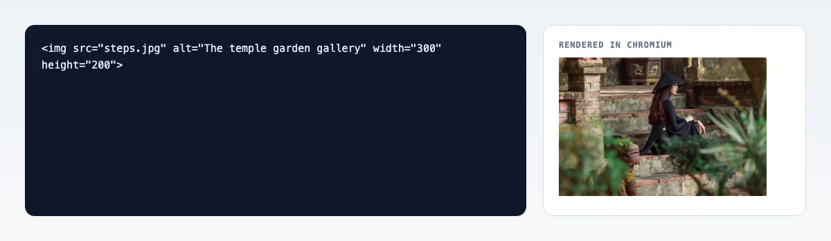 The img tag for steps.jpg at 300 by 200 pixels, beside the photo Chromium rendered