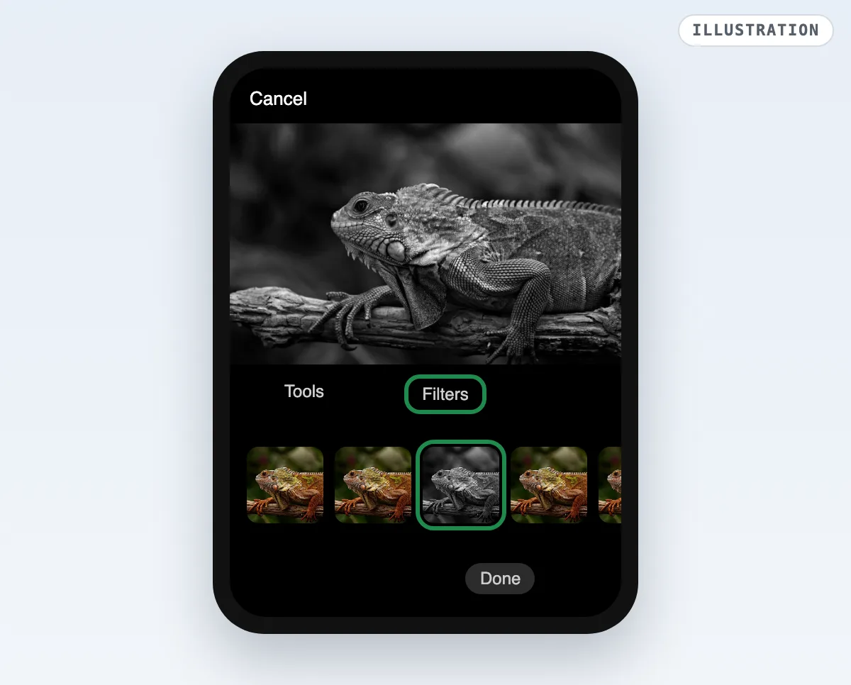 Illustration of the Google Photos editor with the Filters category open and a grey filter tile picked