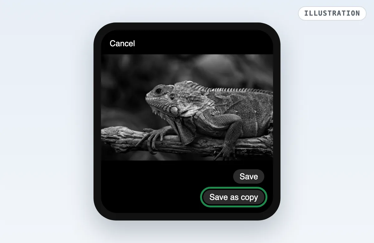 Illustration of the Google Photos save choices with Save as copy highlighted under the black and white photo