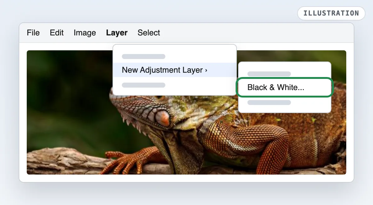Illustration of the Photoshop Layer menu open at New Adjustment Layer with Black & White highlighted
