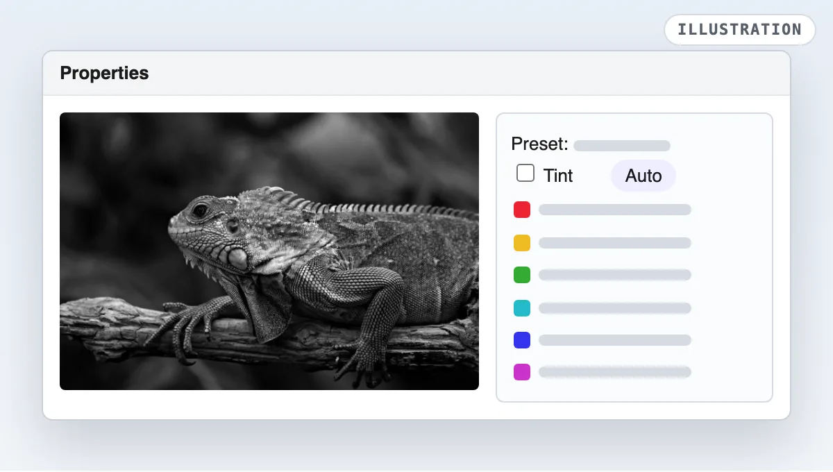 Illustration of the Photoshop Properties panel for Black & White with Preset, Tint, Auto and six color sliders