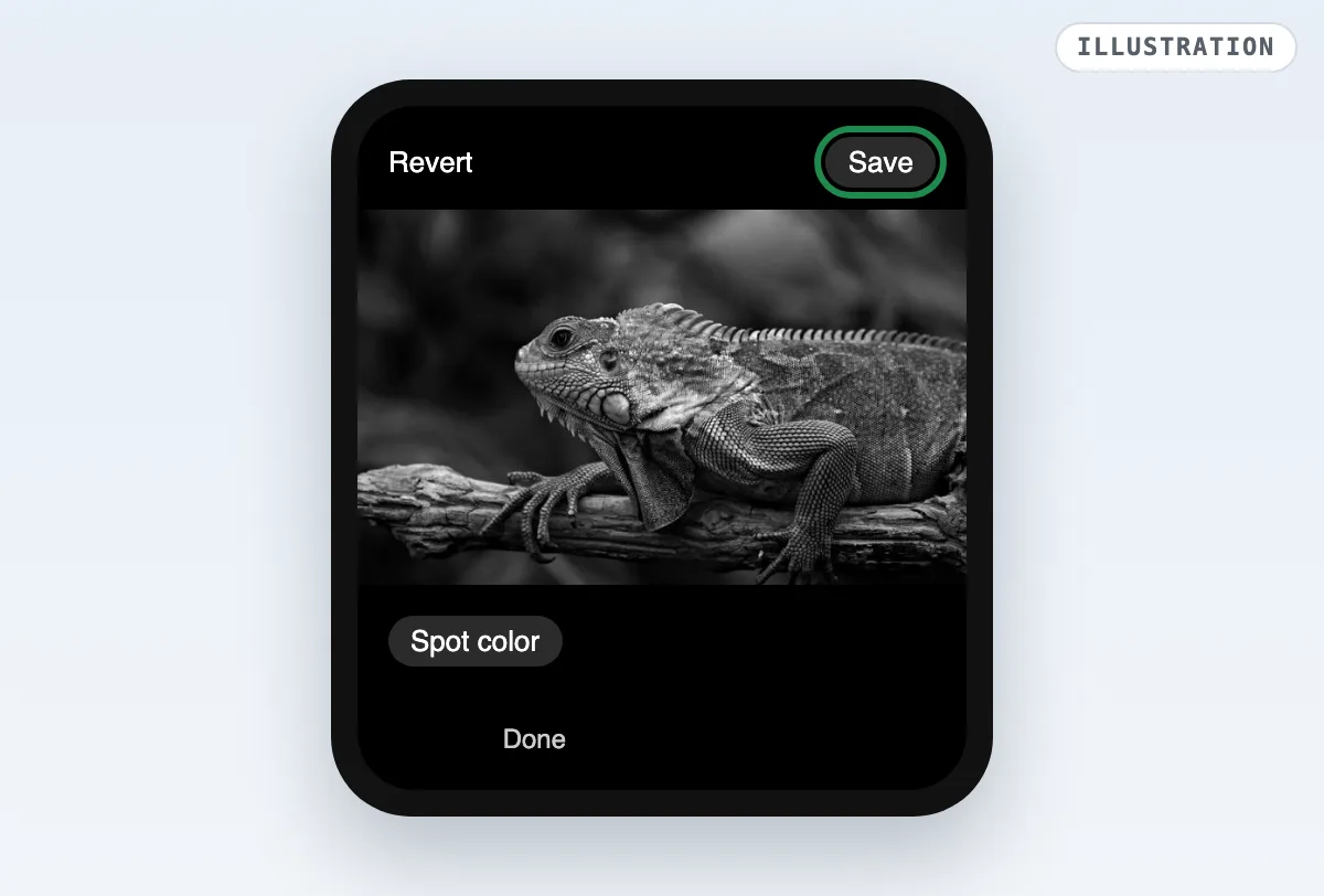 Illustration of the Samsung Gallery editor with the photo in black and white and the Save button highlighted