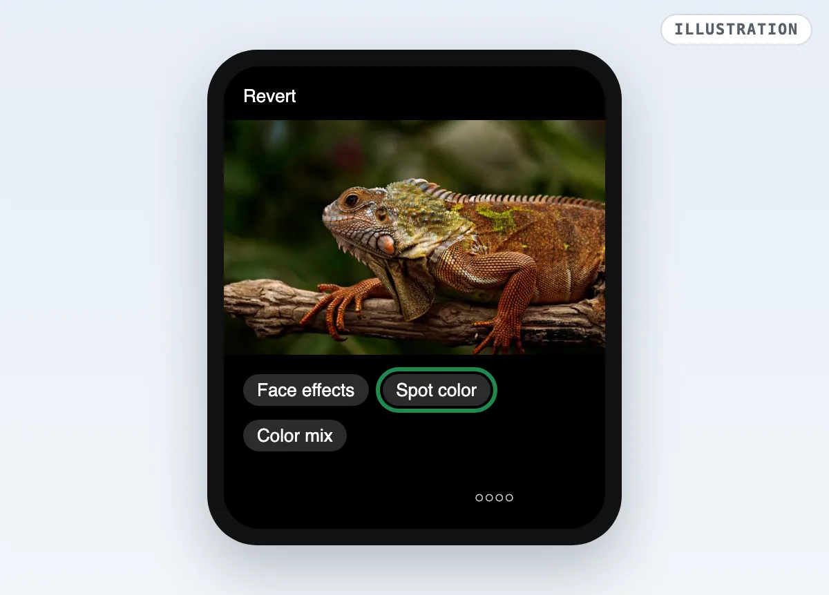 Illustration of the Samsung Gallery editor tools with Spot color highlighted next to Face effects and Color mix