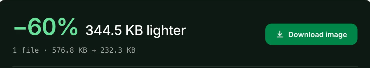 The Blinkimg result: 60% smaller, 344.5 KB lighter, 576.8 KB to 232.3 KB, with a Download image button