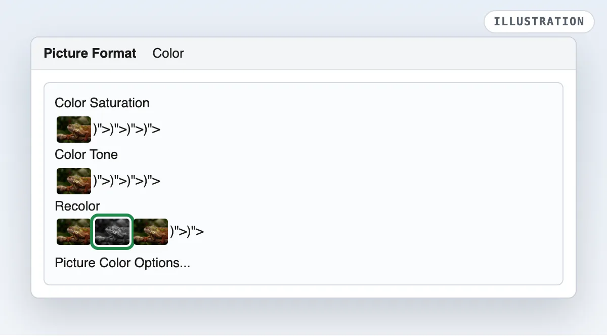 Illustration of the Word Color gallery with Color Saturation, Color Tone and Recolor rows and a grey preset highlighted