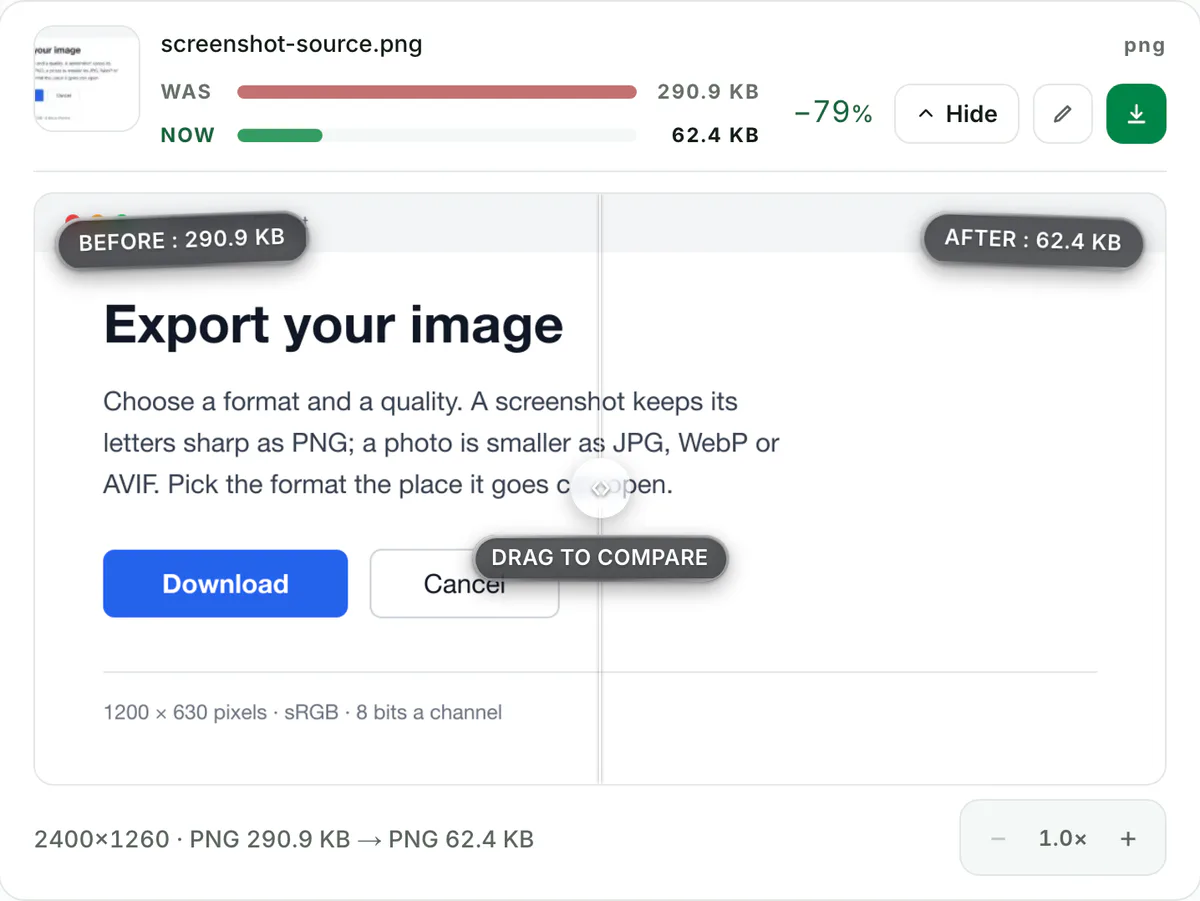 Screenshot of Blinkimg’s PNG compressor with the screenshot PNG: was 290.9 KB, now 62.4 KB, minus 79%, with a before and after slider over the image.