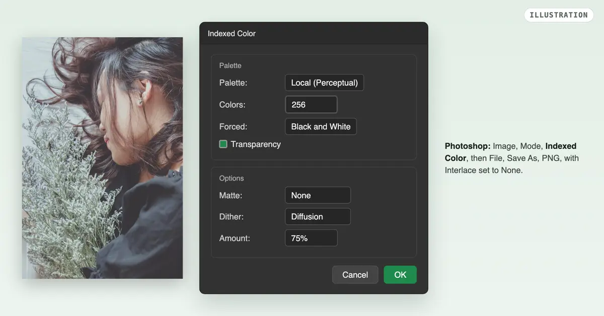 An illustration of Photoshop’s Indexed Color dialog beside the flower photo: Palette Local (Perceptual), Colors 256, Forced Black and White, Transparency ticked, Dither Diffusion at 75%.