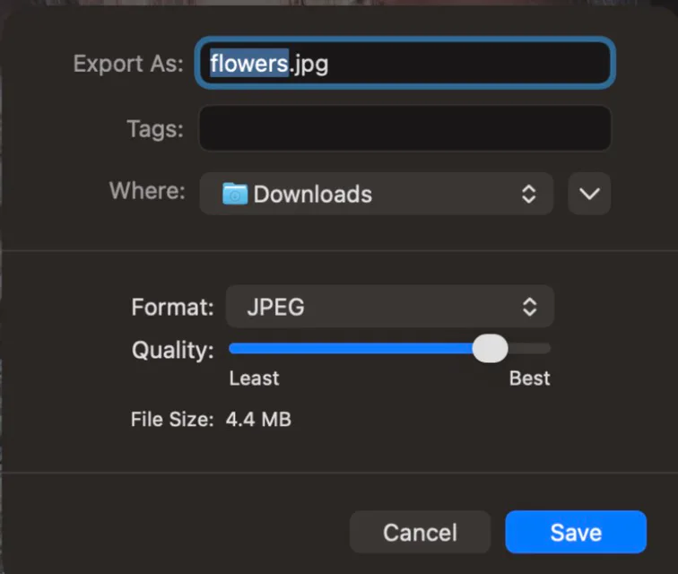 Screenshot of Preview’s Export sheet on a Mac with flowers.png: Format JPEG, the Quality slider near Best, and File Size 4.4 MB.