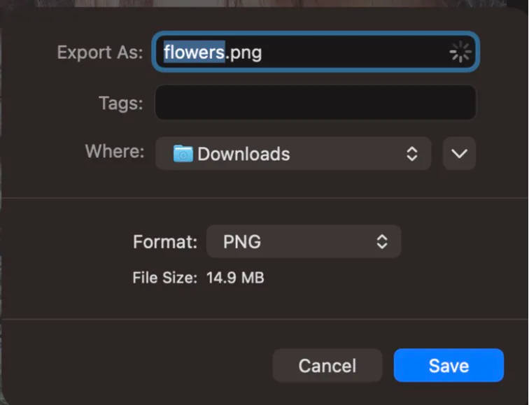 Screenshot of Preview’s Export sheet on a Mac with flowers.png: Format PNG, no quality setting, File Size 14.9 MB.