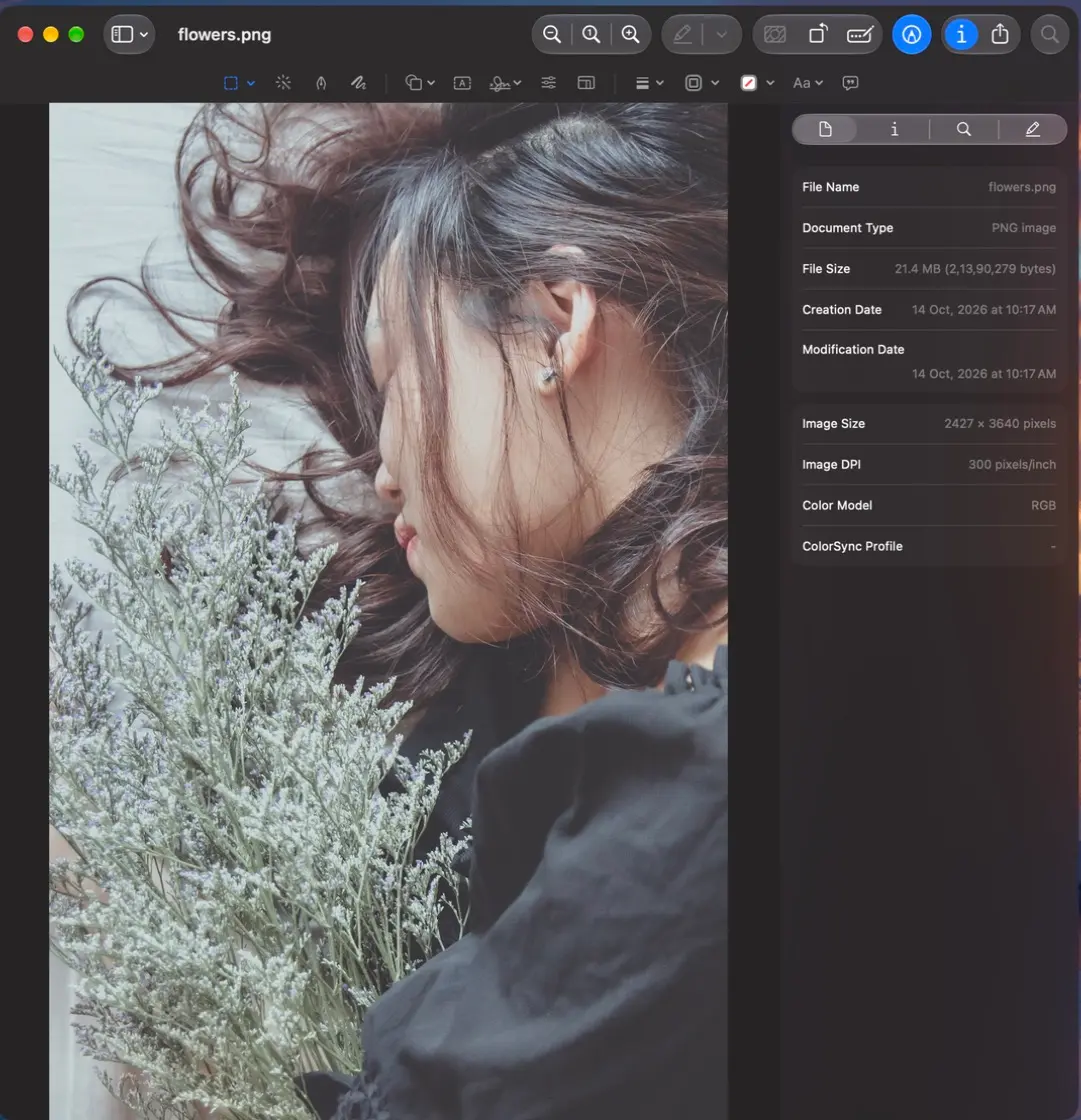 Screenshot of Preview on a Mac with the flower photo saved as flowers.png and the Inspector open: Document Type PNG image, File Size 21.4 MB, Image Size 2,427 × 3,640 pixels.
