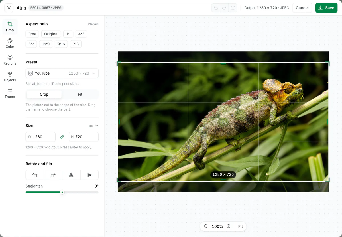 Screenshot of Blinkimg’s editor with a chameleon photo open: the Crop panel shows the YouTube preset at 1280 × 720 and a 16:9 frame over the picture, with Output 1280 × 720 · JPEG at the top.