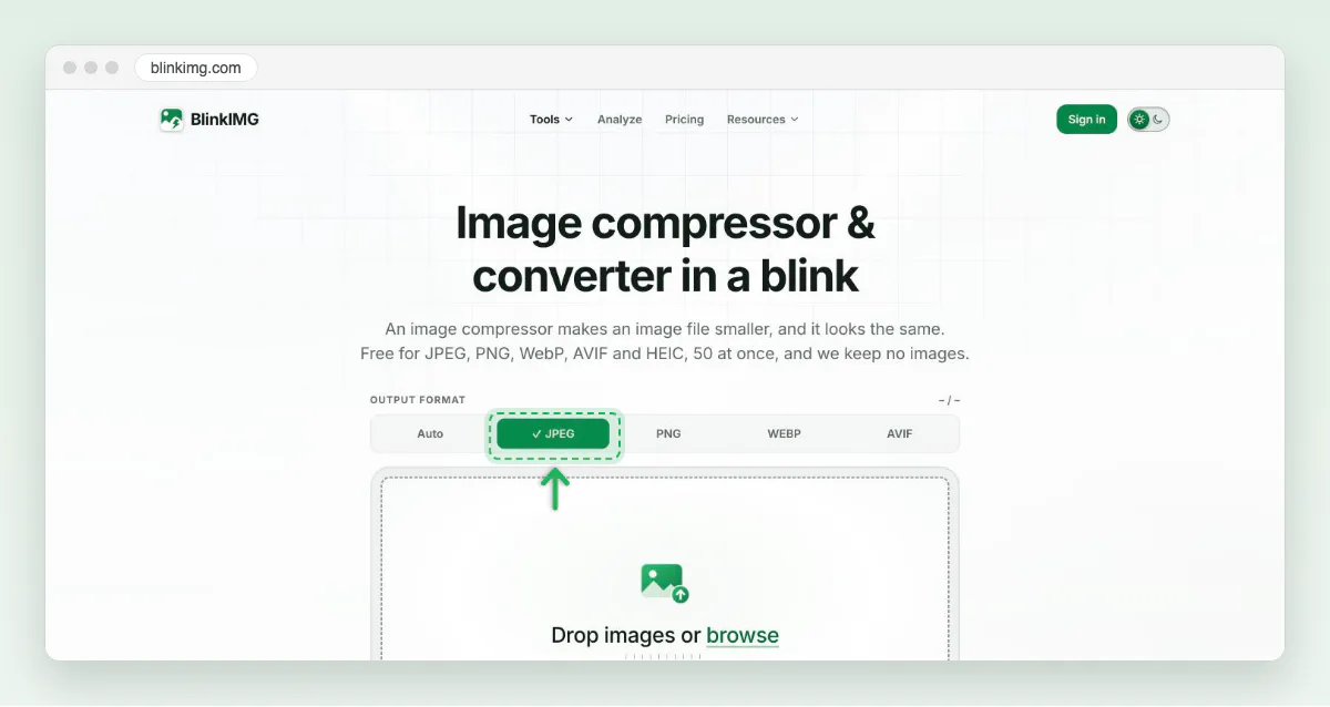 Screenshot of the blinkimg.com home page: the Output format bar with JPEG selected above the Drop images or browse box.