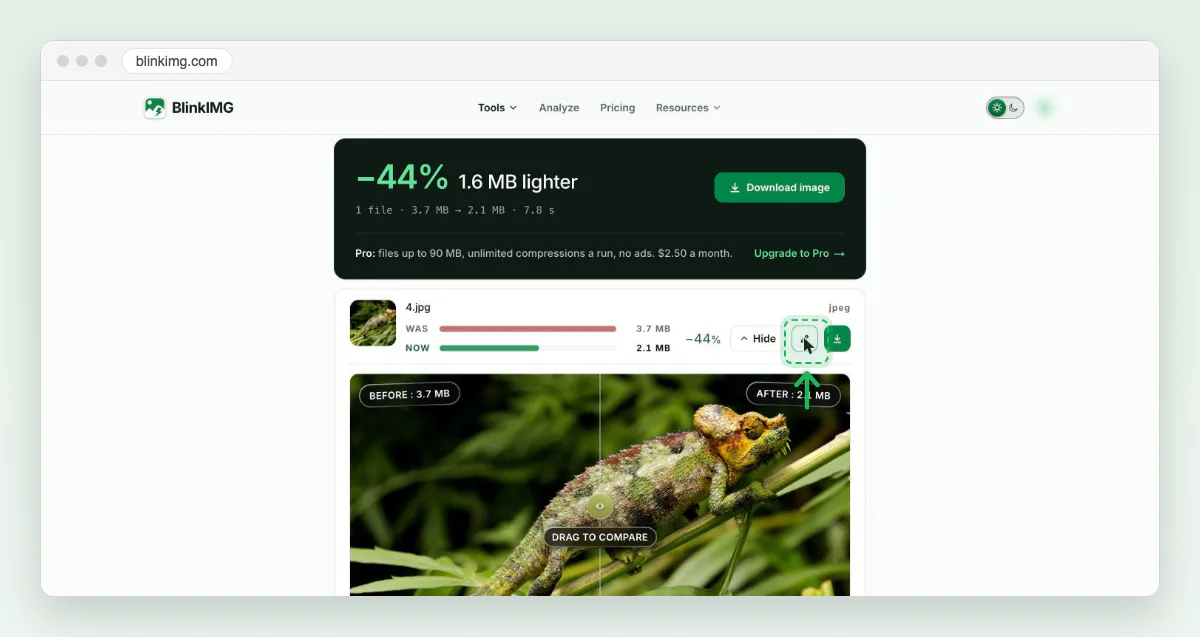 Screenshot of a finished result on blinkimg.com: 4.jpg went from 3.7 MB to 2.1 MB, 44% smaller, with the pointer on the Edit pencil between Hide and the download button.