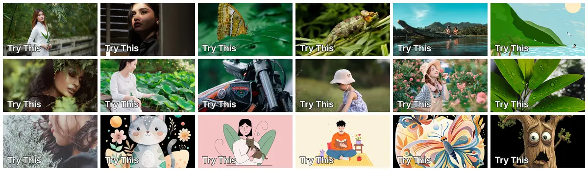 Eighteen YouTube thumbnails in a grid, each with the white headline Try This in the lower left: portraits, a butterfly, a chameleon, a boat, a motorbike, leaves and five drawn illustrations.
