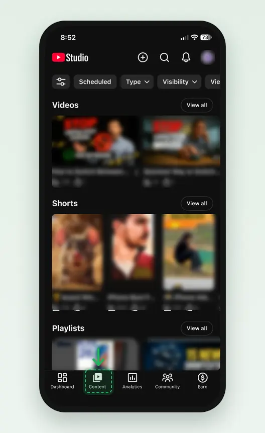Screenshot of the YouTube Studio app on an iPhone: Content shows rows of Videos, Shorts and Playlists, with Dashboard, Content, Analytics, Community and Earn in the bottom menu.
