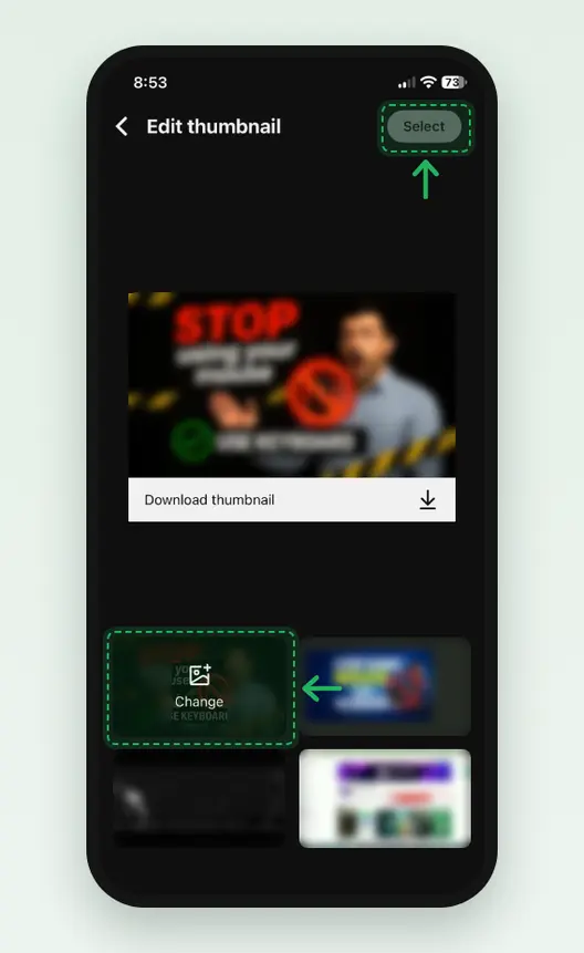 Screenshot of the Edit thumbnail screen in the YouTube Studio app: the current thumbnail large with Download thumbnail below it, a Change tile, three frames from the video, and Select at the top right.