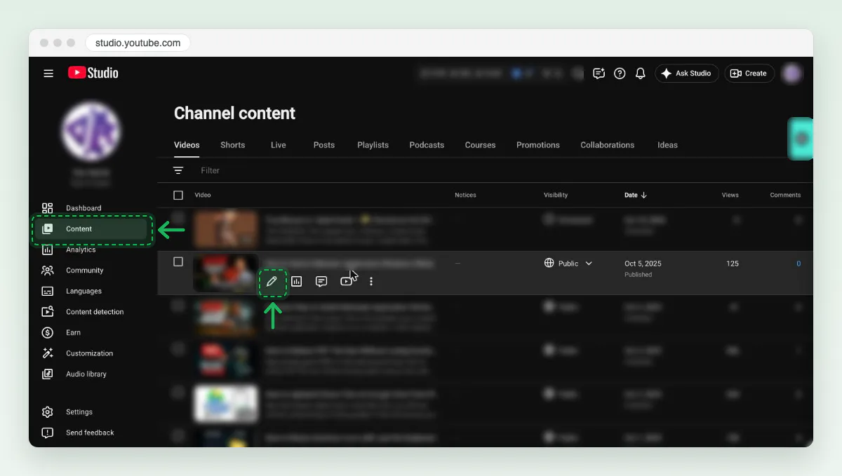 Screenshot of YouTube Studio on a computer: Content is selected in the left menu, the Videos tab is open, and the pointer over a video shows the pencil, analytics, comments and YouTube buttons under its title.